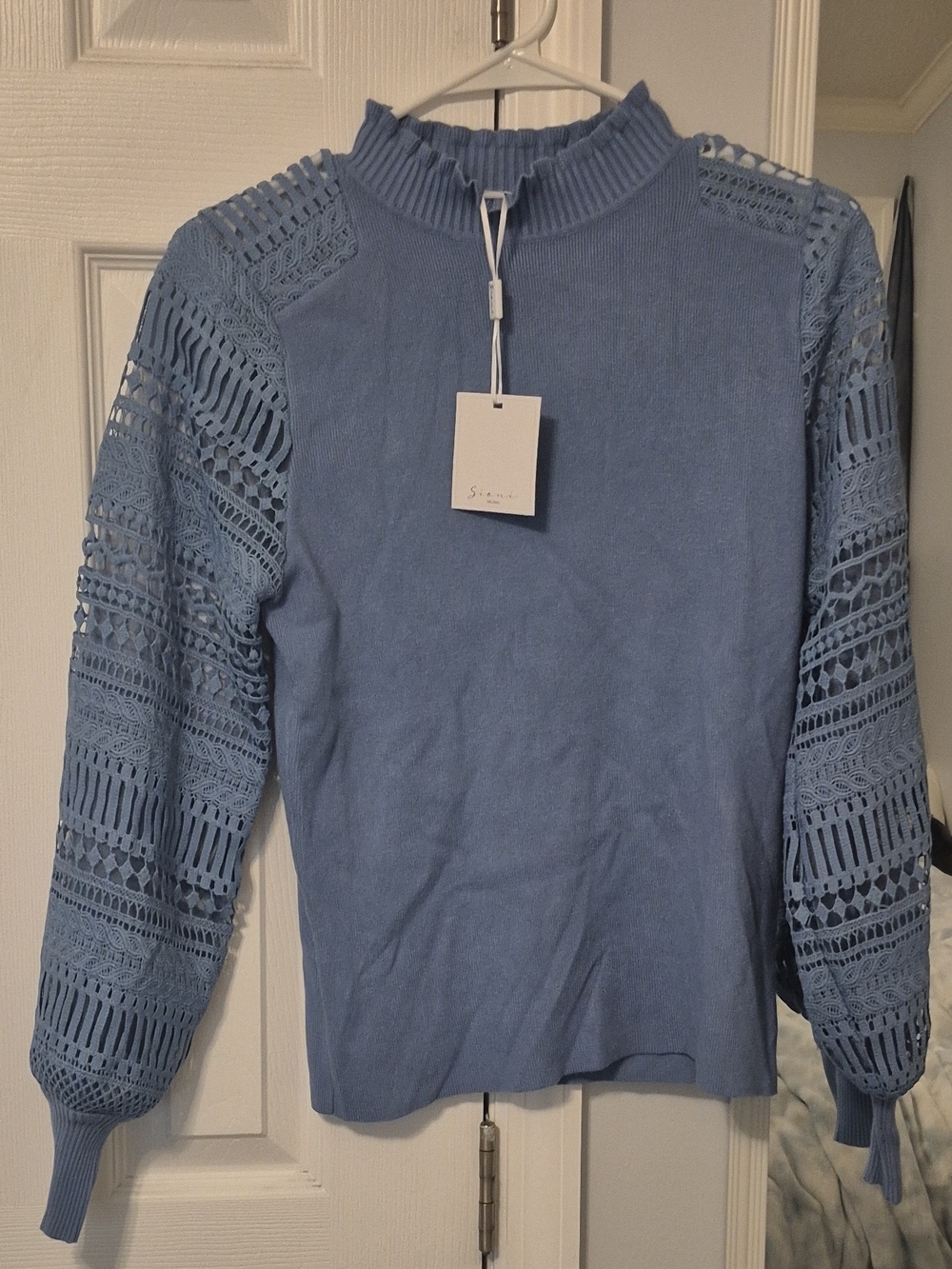 Sioni Light Blue Crochet-Sleeve Mock Neck Sweater